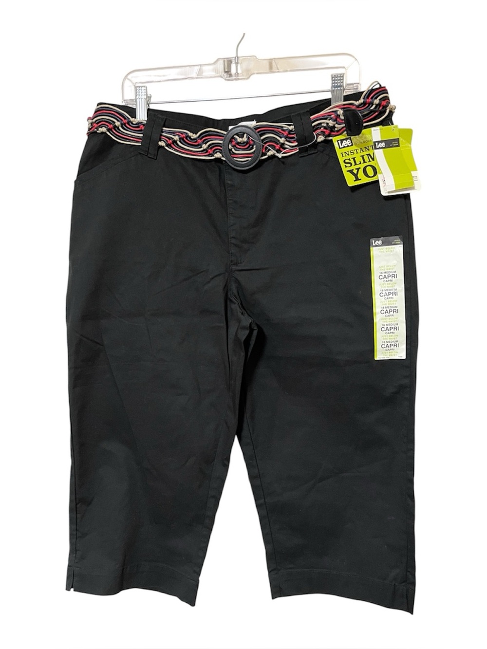 Lee Capri Pants Women 16 Black Natural Fit Stretch Instantly Slimming Belted NWT